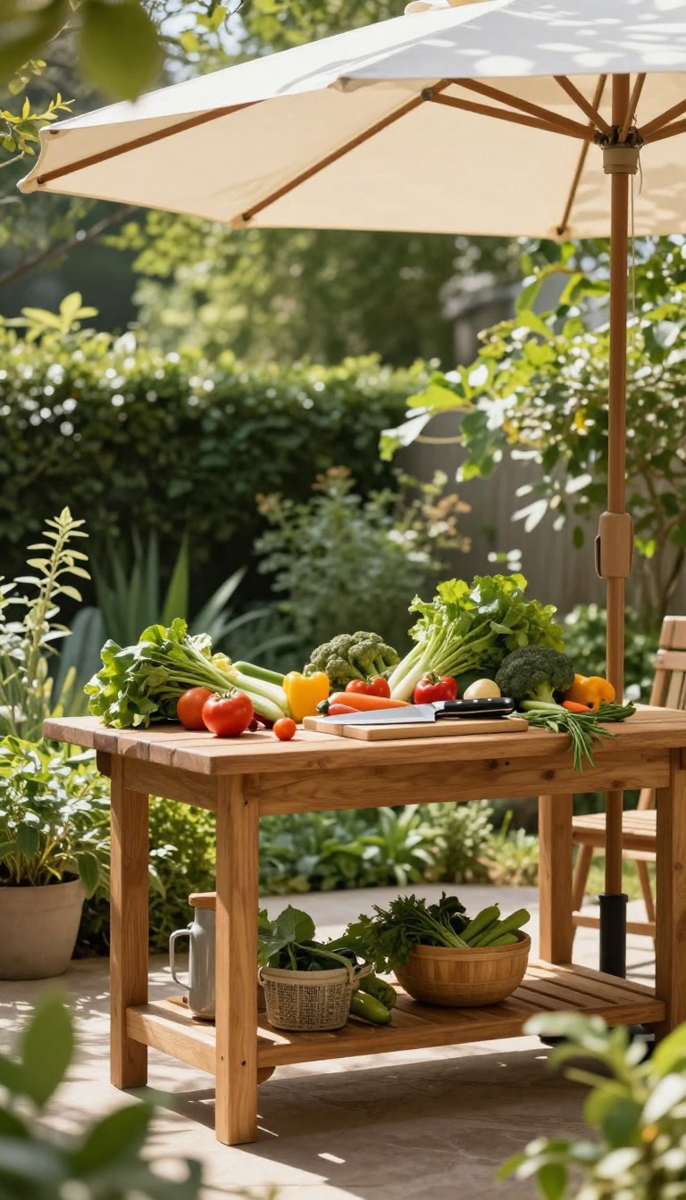 Shaded backyard prep corner with a wooden table, fresh ingredients, and a patio umbrella providing relief from direct sun