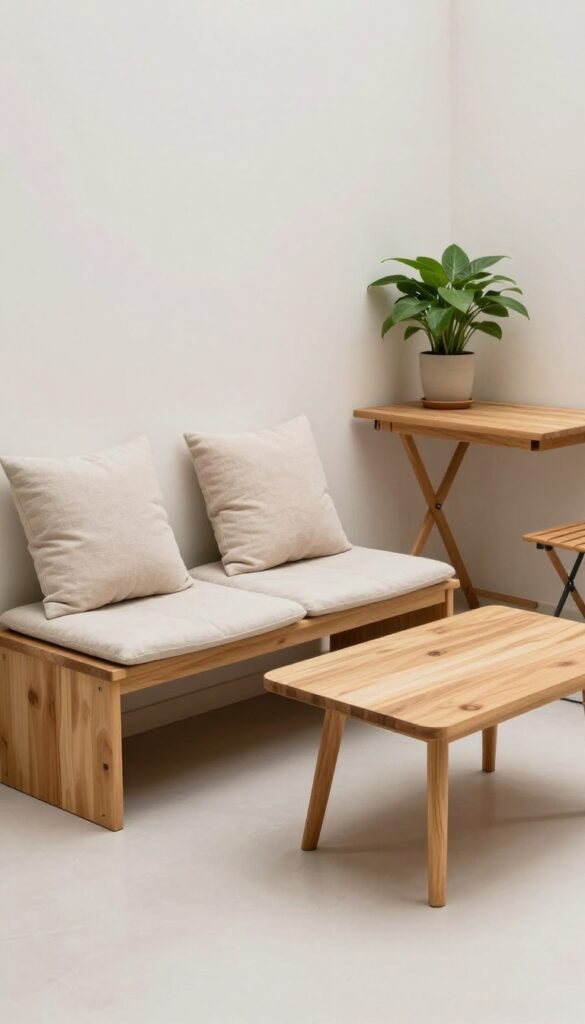 Small patio with multi-functional furniture including a storage bench, convertible coffee table, and fold-down wall table, maximizing space and reducing clutter.