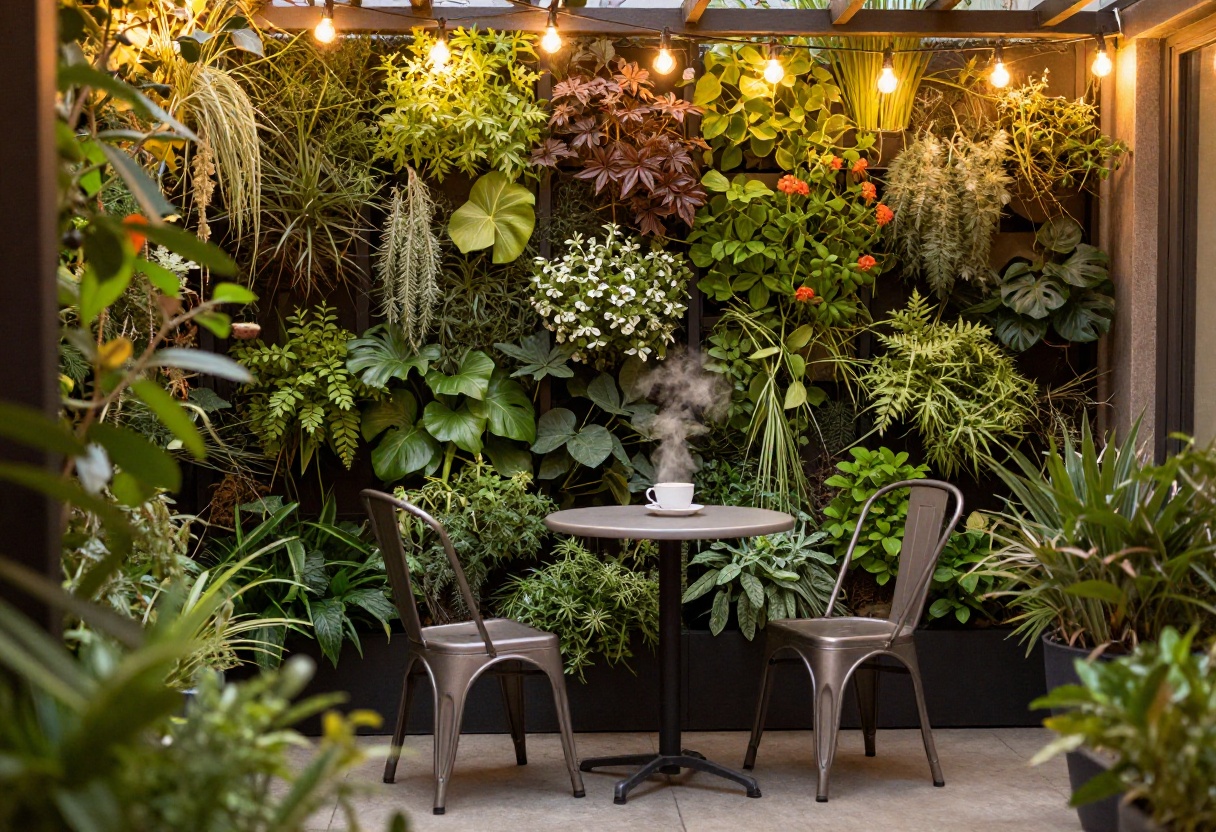 Cozy small patio with vertical garden and string lights