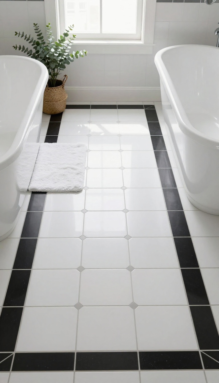 Bright bathroom with peel-and-stick tile floor mixing black-and-white hexagon, striped, and solid white tiles in a custom pattern
