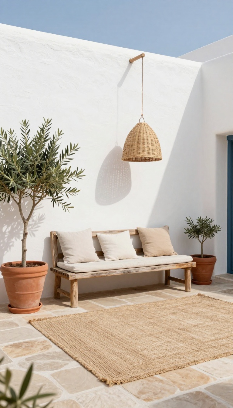 Whitewashed Mediterranean backyard wall with teak bench, rattan pendant light, terracotta pots of olive trees, and a jute outdoor rug on stone pavers