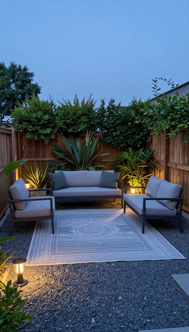 Narrow backyard seating area defined by a rectangular outdoor rug with small solar path lights lining a gravel walkway at dusk