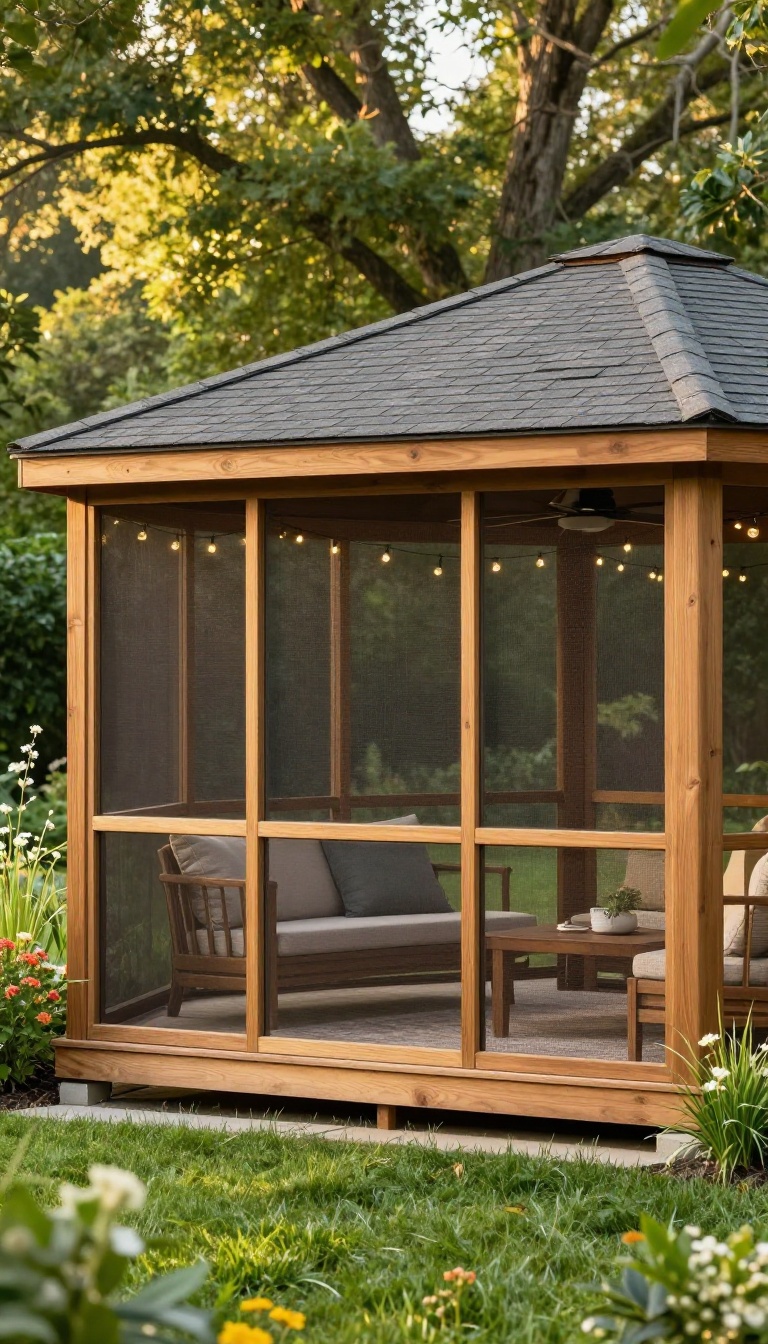 Classic wooden gazebo with screened-in bug barrier panels in a sunny backyard with cozy seating and string lights