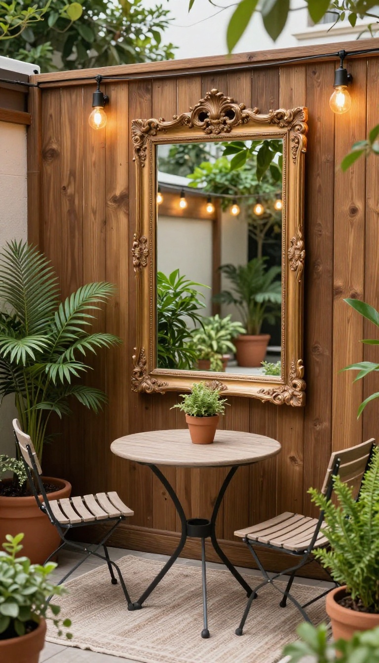 Small patio with a decorative mirror reflecting plants and lights to create depth