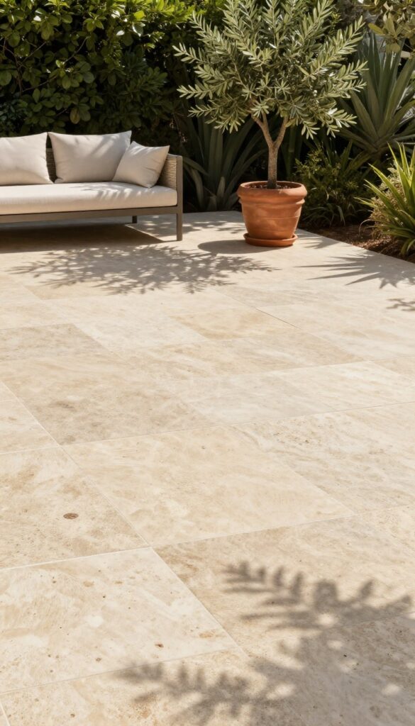 Natural stone tile patio with travertine flooring, surrounded by greenery and outdoor furniture, in warm sunlight.