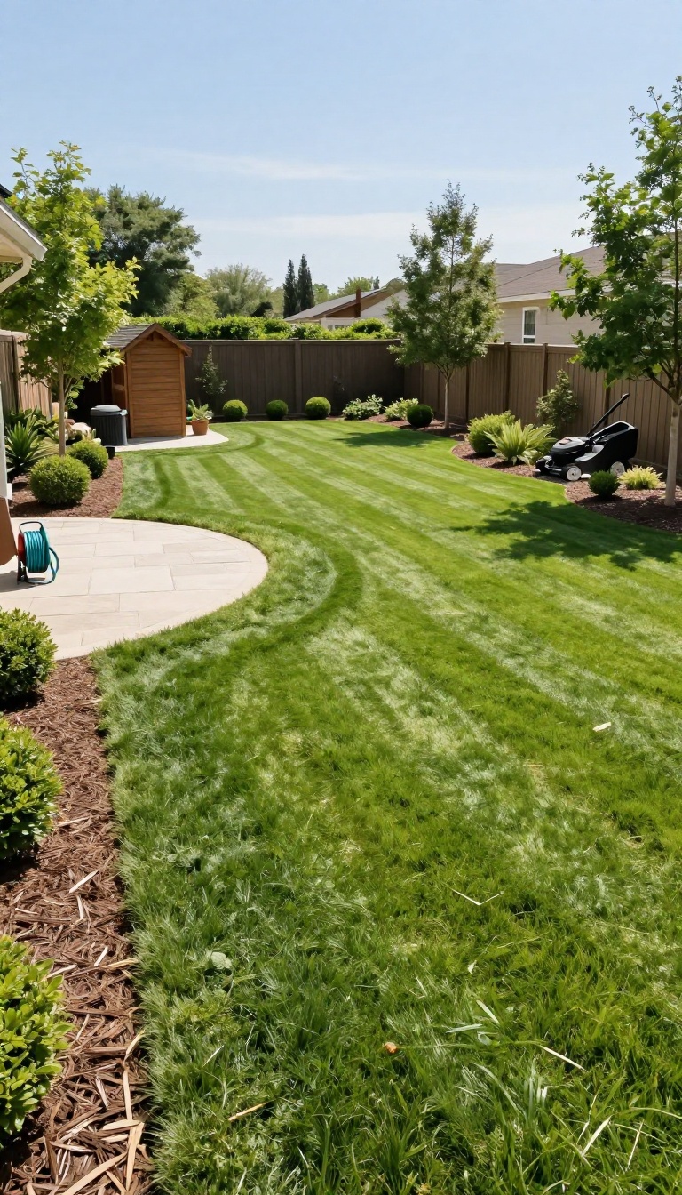 Large backyard with a clear mowing path, wide gaps between planting beds and fences, and smooth lawn-to-patio transitions for easy maintenance and upkeep.