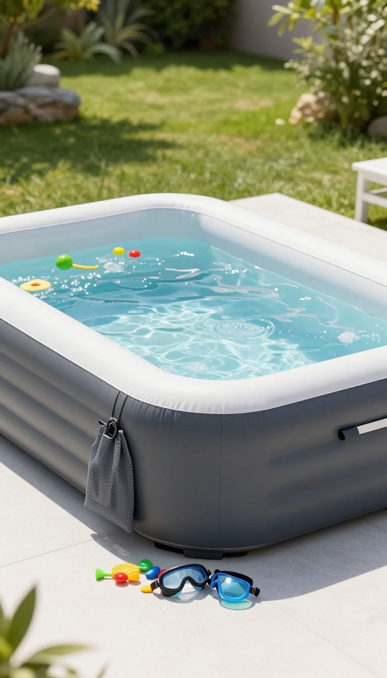 Inflatable hot tub on a sunny backyard patio with a dark lidded storage bin holding pool toys and goggles beside it