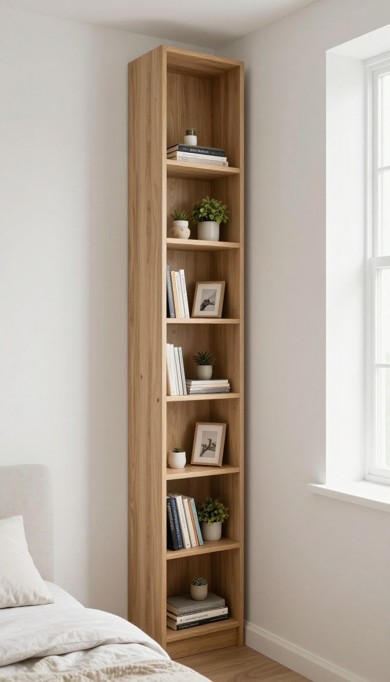 Tall narrow light wood bookcase in a small bright bedroom corner styled with books, plants, and framed photos