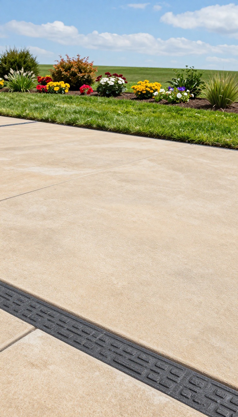 Stamped concrete patio with a contrasting charcoal border framing a warm beige textured surface, surrounded by green lawn and garden beds.