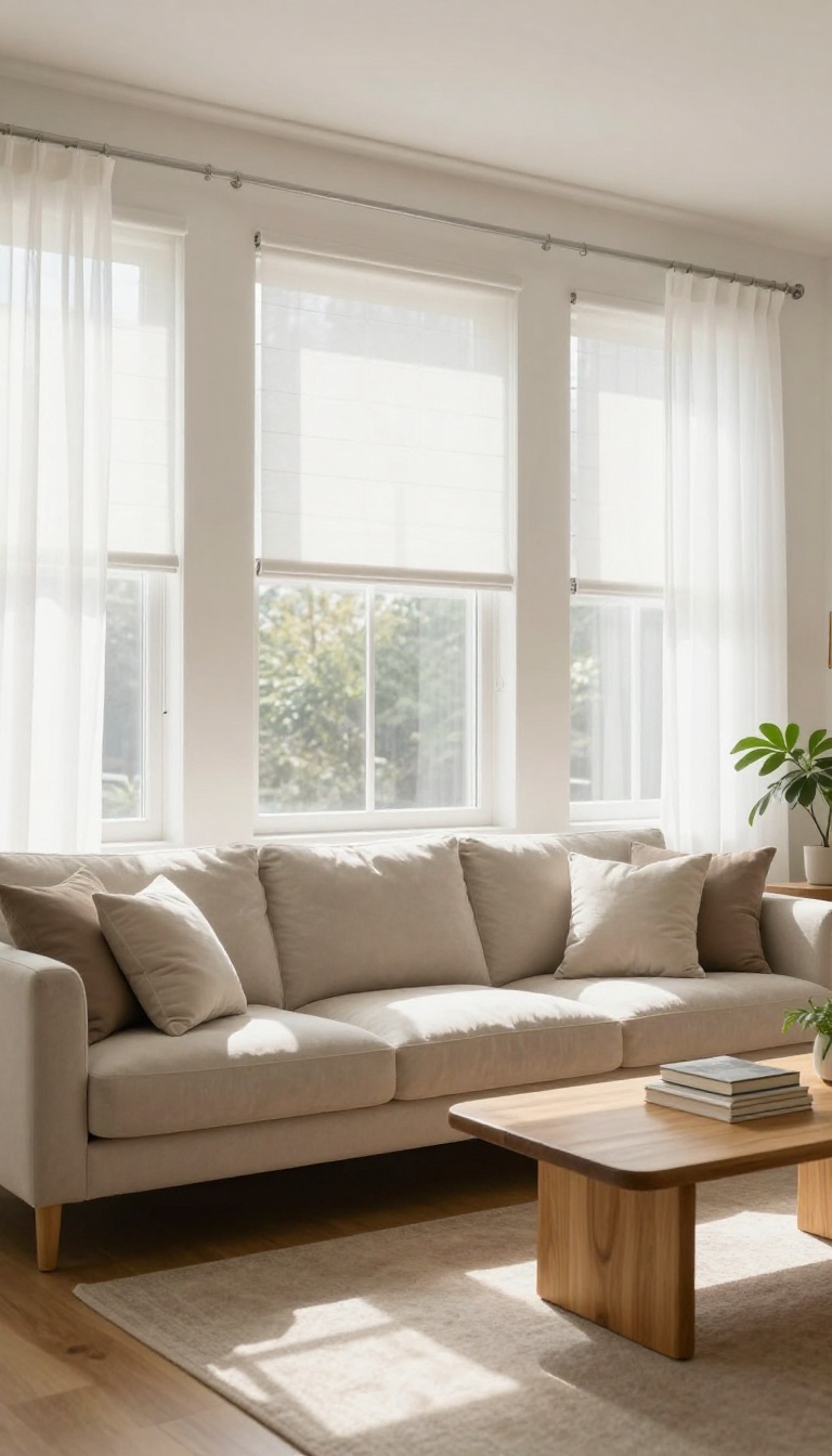 Living room with white cellular shades providing soft, diffused light and insulation