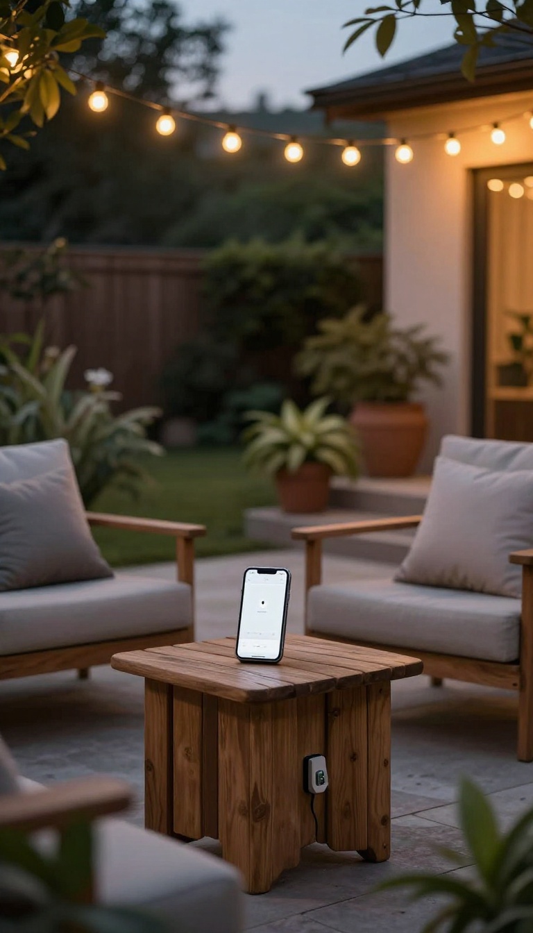 Warmly lit backyard patio at dusk with string lights and a smartphone controlling the glow from a side table