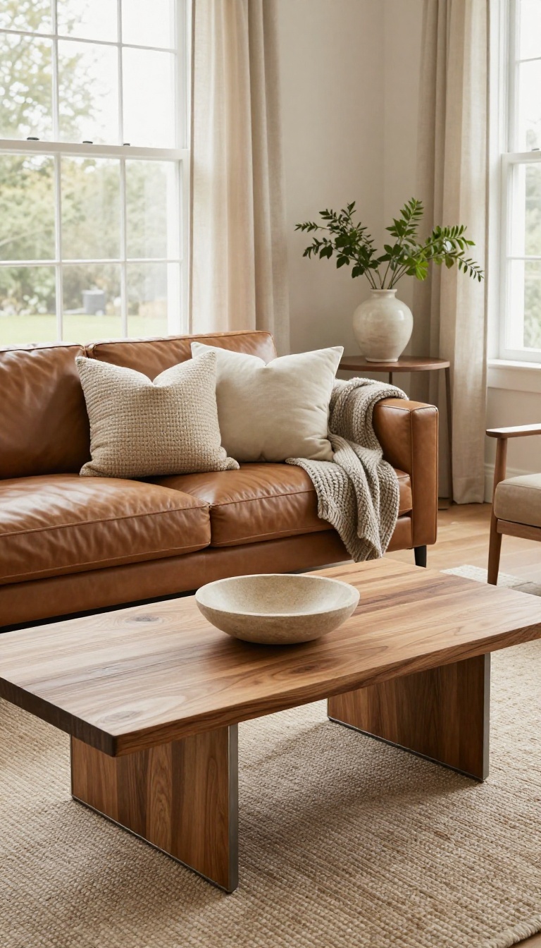 Bright living room with a leather sofa, velvet accent chair, layered wool and jute rugs, and a wood and metal coffee table showing mixed textures