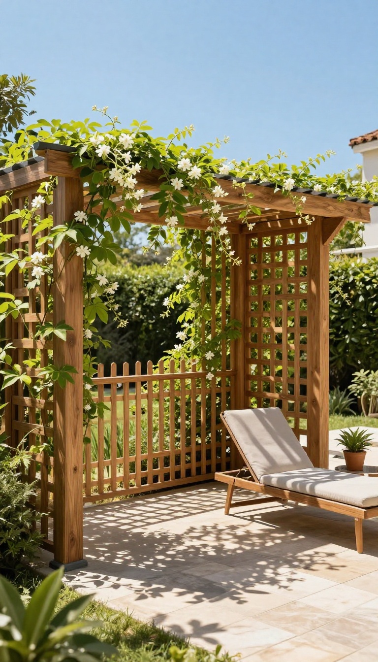 Wooden lattice privacy screen with climbing jasmine between two posts on a sunlit patio with a lounge chair and potted plants