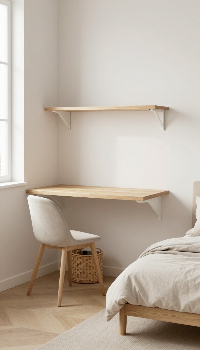 Small bright bedroom with a wall-mounted floating desk and chair tucked underneath, saving floor space