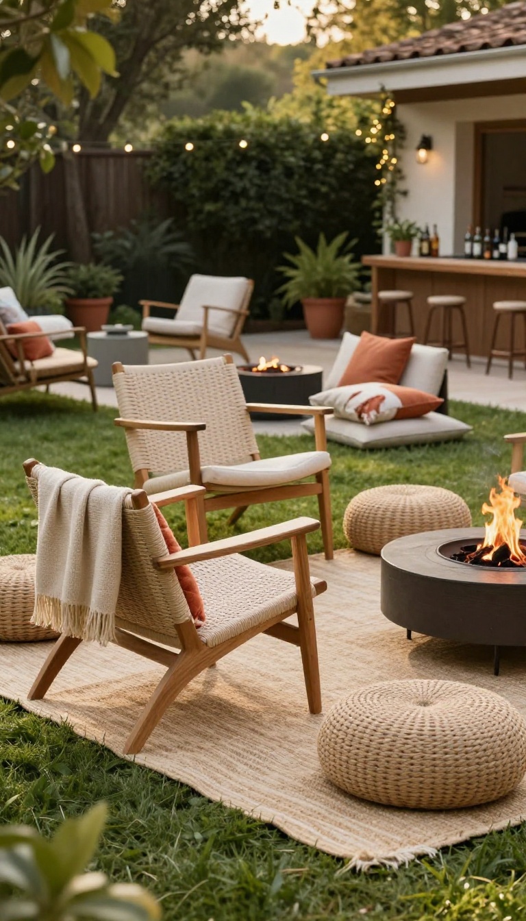 Backyard party seating area with mismatched chairs, poufs, and blankets arranged in cozy conversation clusters on a lawn at golden hour