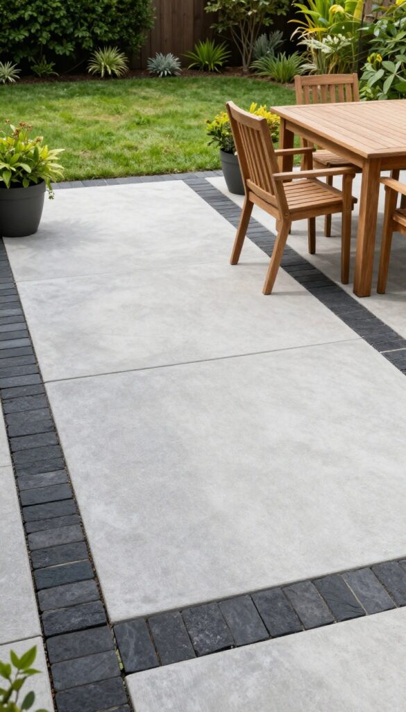 A paver patio with a contrasting dark border framing the space, surrounded by lawn and plants.
