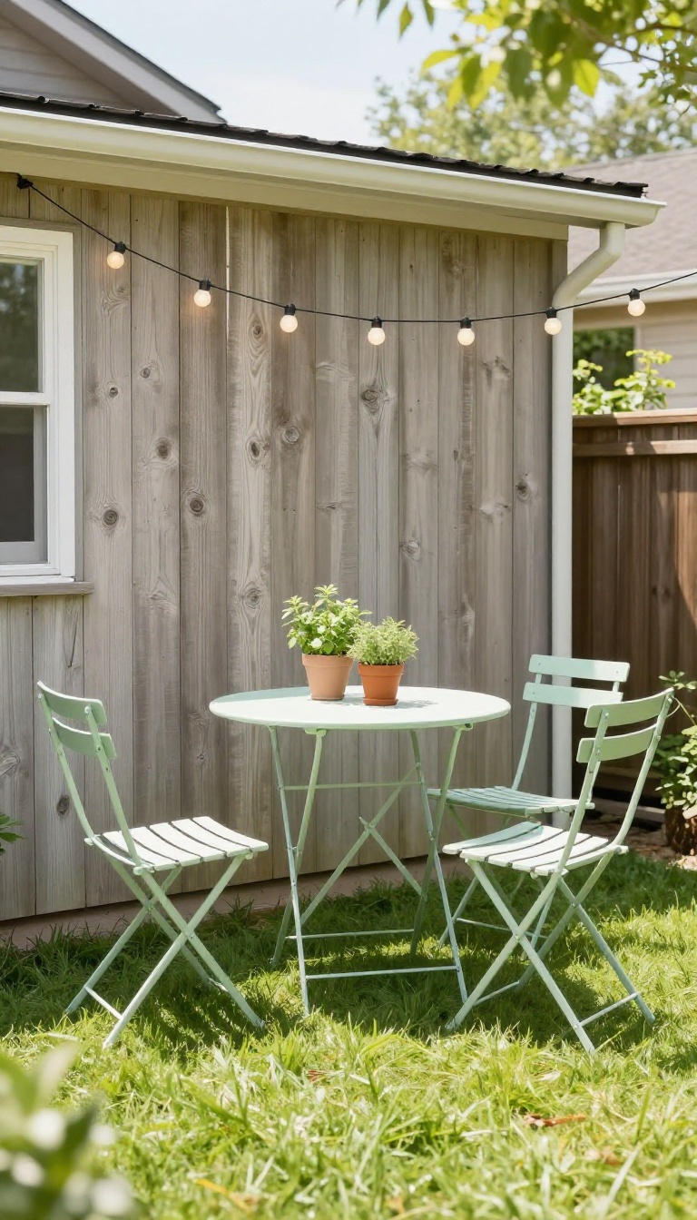Small backyard patio with foldable bistro chairs and a compact nesting table in bright natural light