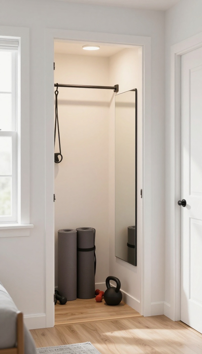 Small bedroom closet converted into a tidy mini home gym nook with a yoga mat, dumbbells, kettlebell, mirror, and warm clip-on light