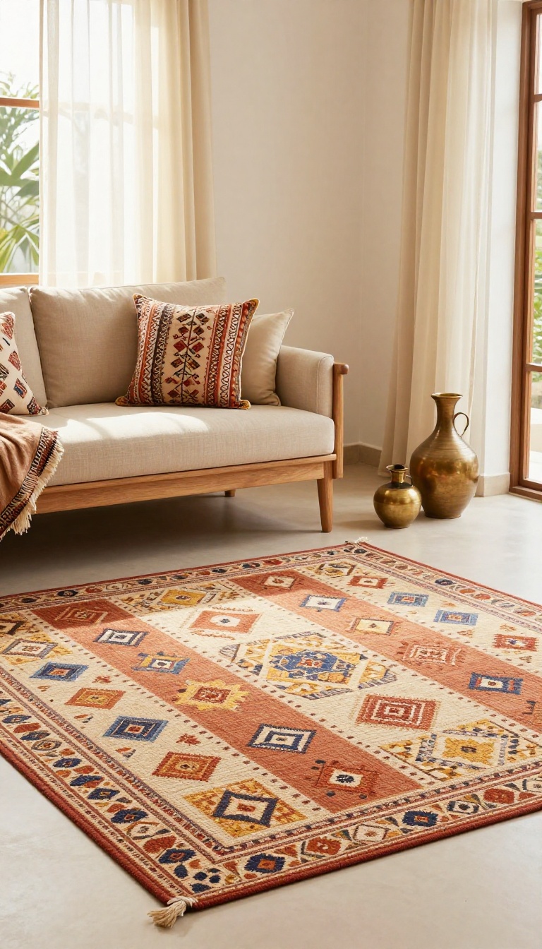 Bright Indian living room with block-printed dhurrie rug, patterned cushions, sheer printed curtains, and a handloom throw in warm natural light