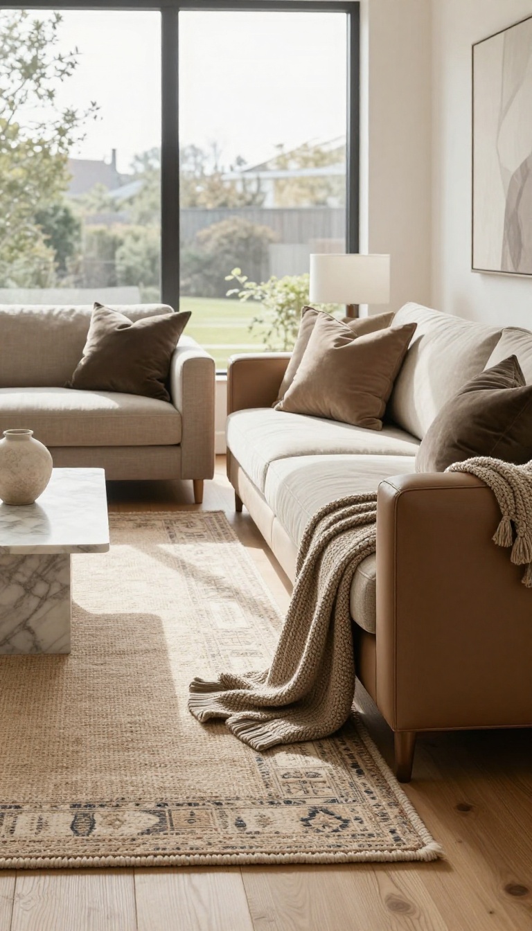 Modern luxury living room with layered jute and vintage rugs, a leather chair with a chunky knit throw, and mixed velvet and linen pillows on a sofa