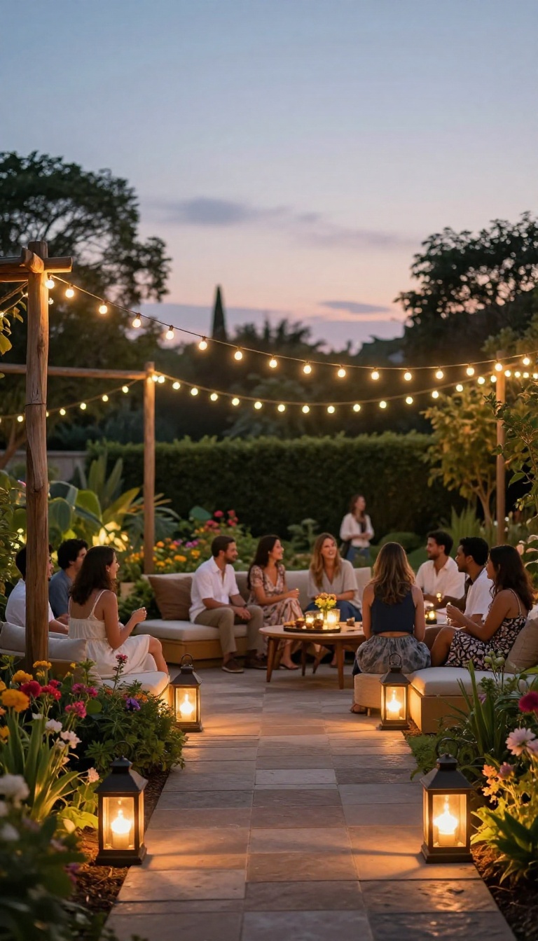 Backyard engagement party glowing with warm string lights and lanterns at dusk, guests mingling near a cozy seating area