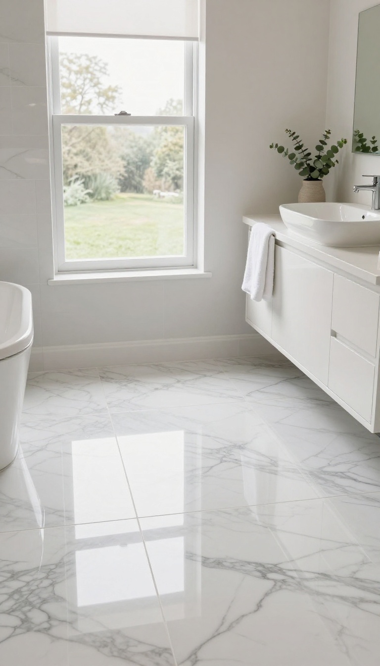 Bright small bathroom with glossy faux marble peel-and-stick floor tiles reflecting natural light, white vanity, and a small plant