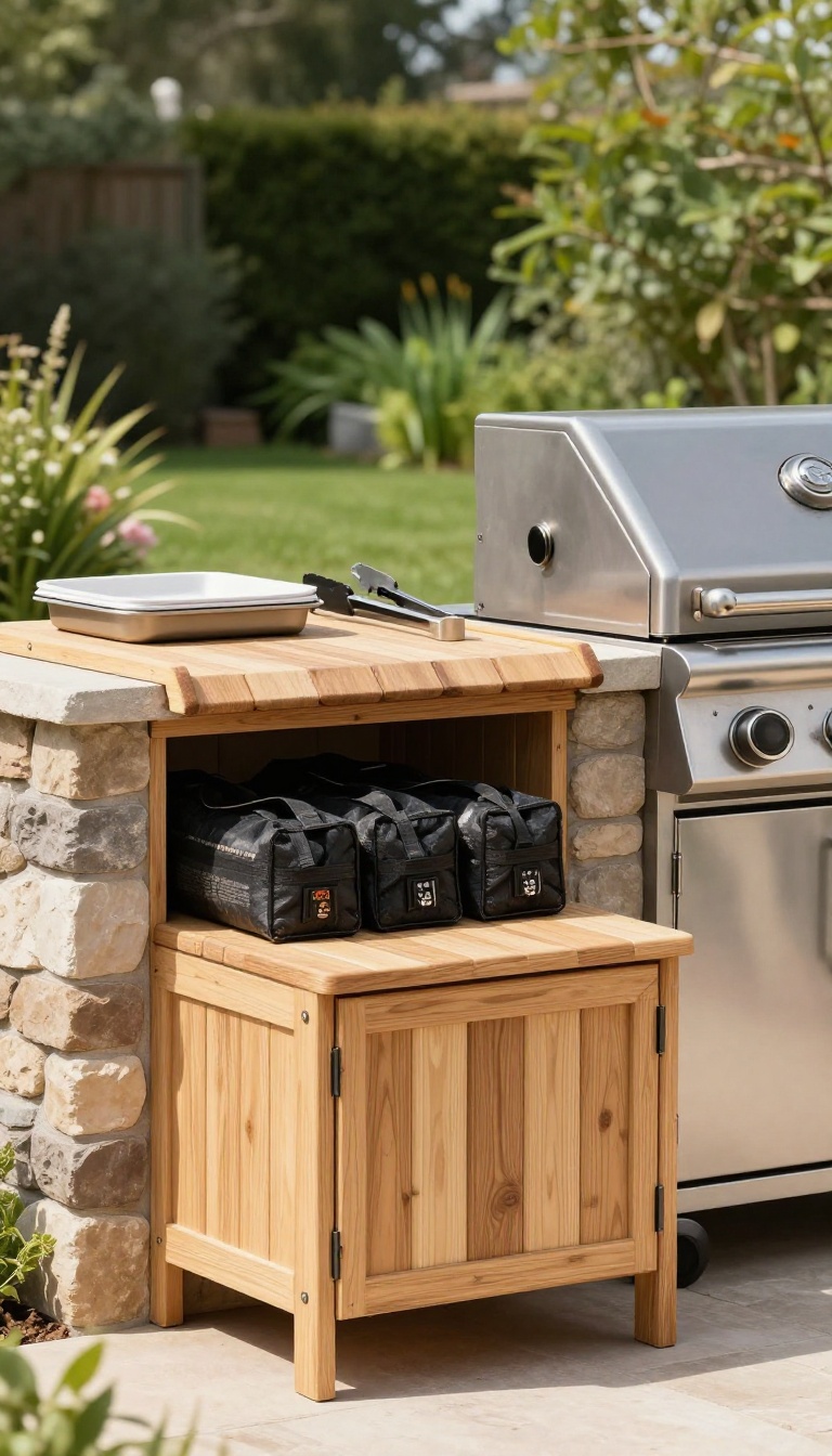 Cedar storage bench with sealed lid holding grilling tools and charcoal beside a backyard grill in a sunny outdoor kitchen