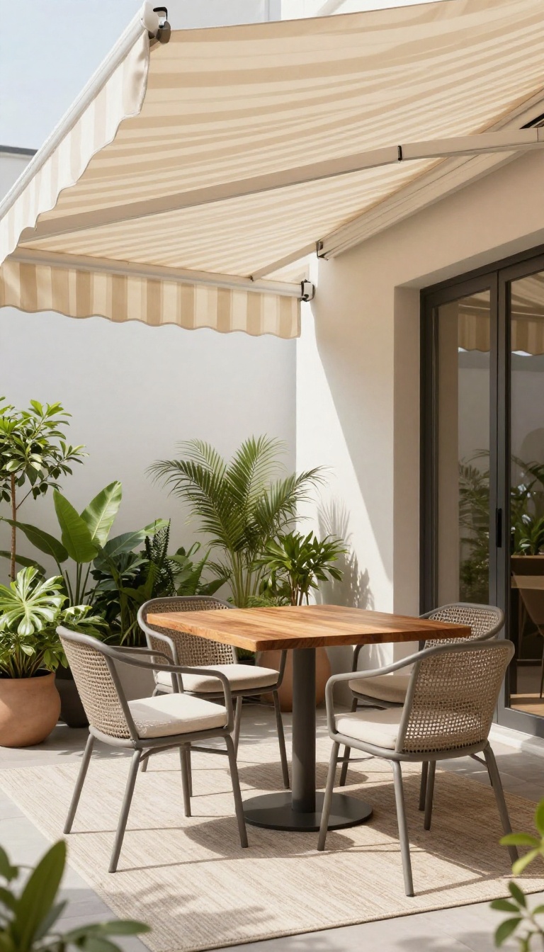 Small patio with retractable awning providing shade over a bistro set and plants