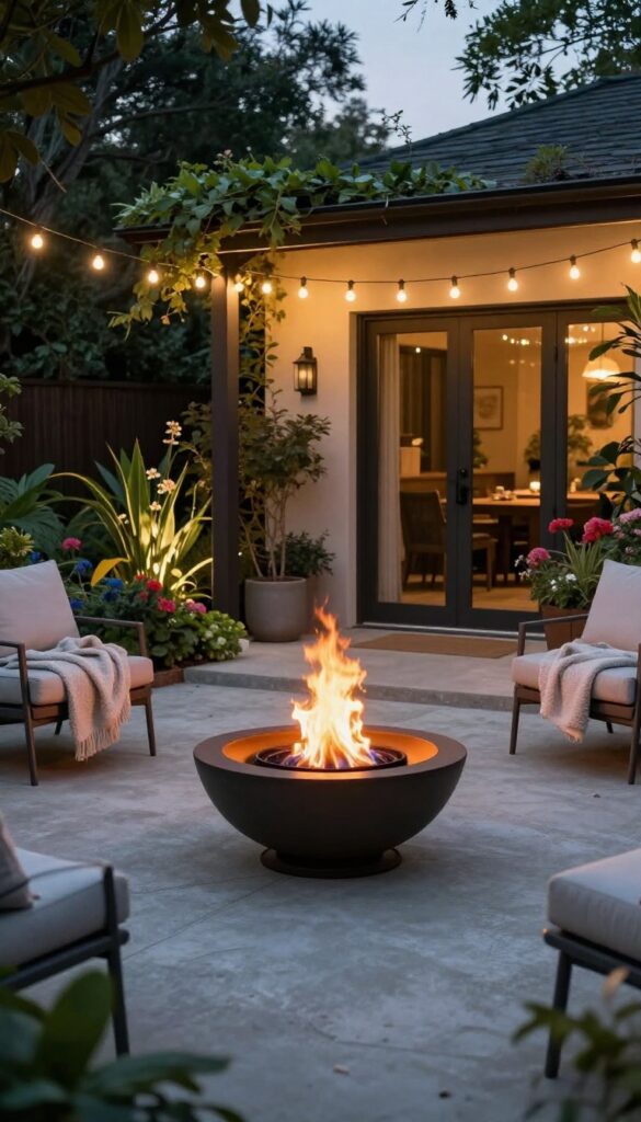 A cozy front yard patio with a small fire pit glowing warmly on a cool evening, surrounded by comfortable chairs and soft lighting.