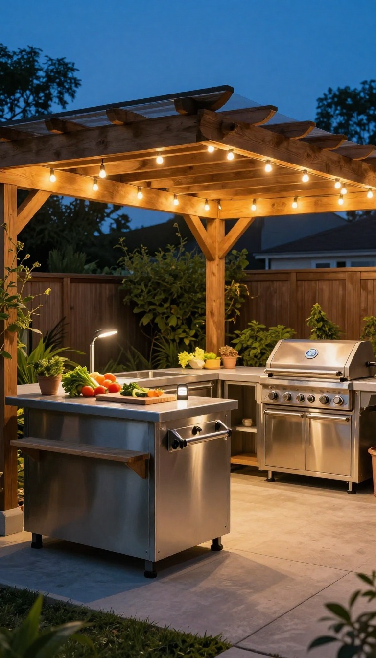 Backyard outdoor kitchen at dusk glowing with warm string lights overhead, task lighting over a prep counter, and puck lights near a grill