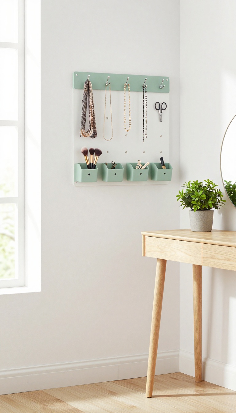 Small bedroom vanity corner with a sage green painted pegboard on the wall holding makeup brushes, jewelry, and clips above a slim wooden table in bright natural light