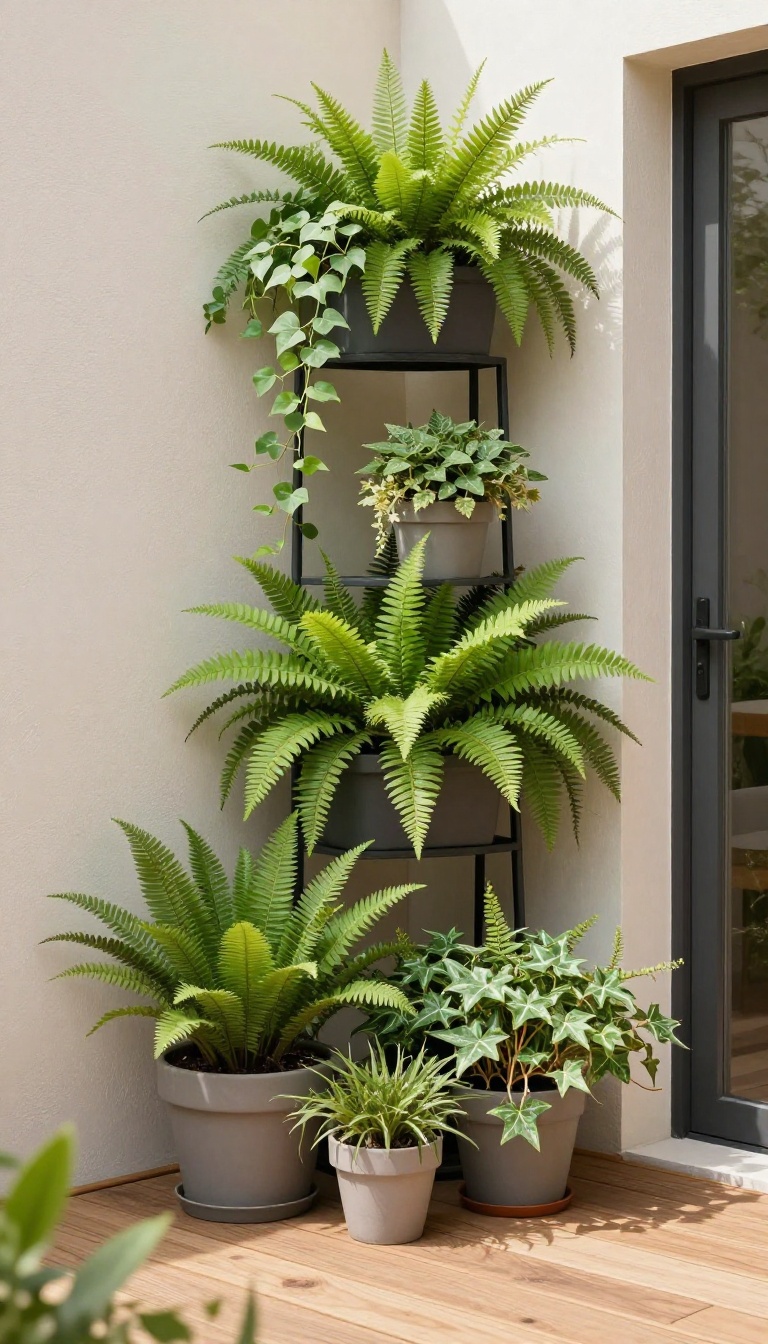 Small patio with potted plants at different heights creating a layered, lush look