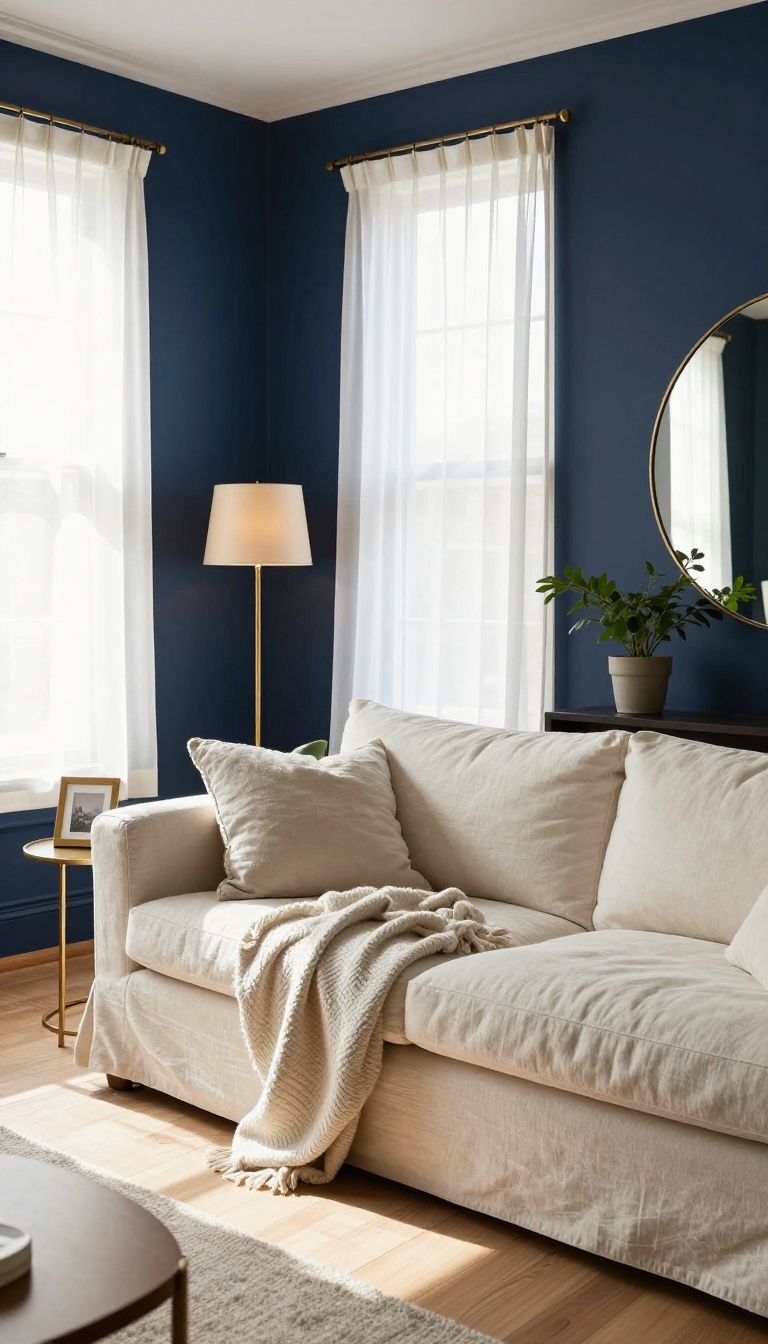 Cozy living room with deep navy blue walls, cream sofa, light wood floors, and warm brass accents glowing in natural daylight