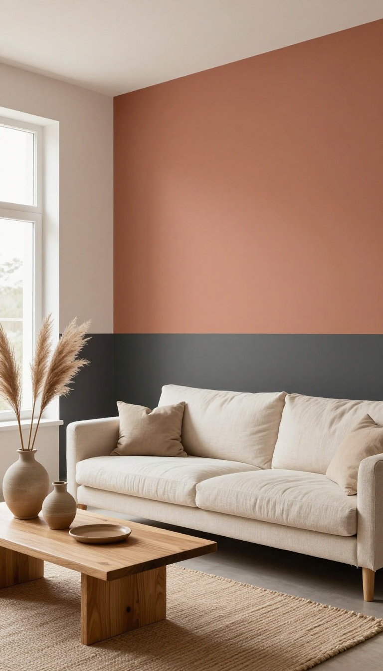 Modern living room with a color-blocked accent wall in terracotta and charcoal, styled with a cream sofa and natural light