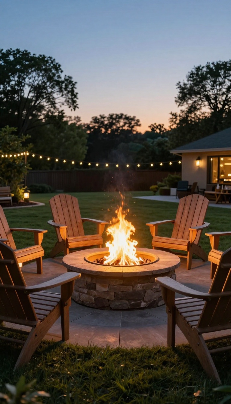 Backyard fire pit glowing at dusk with chairs arranged around it for warm evening ambience