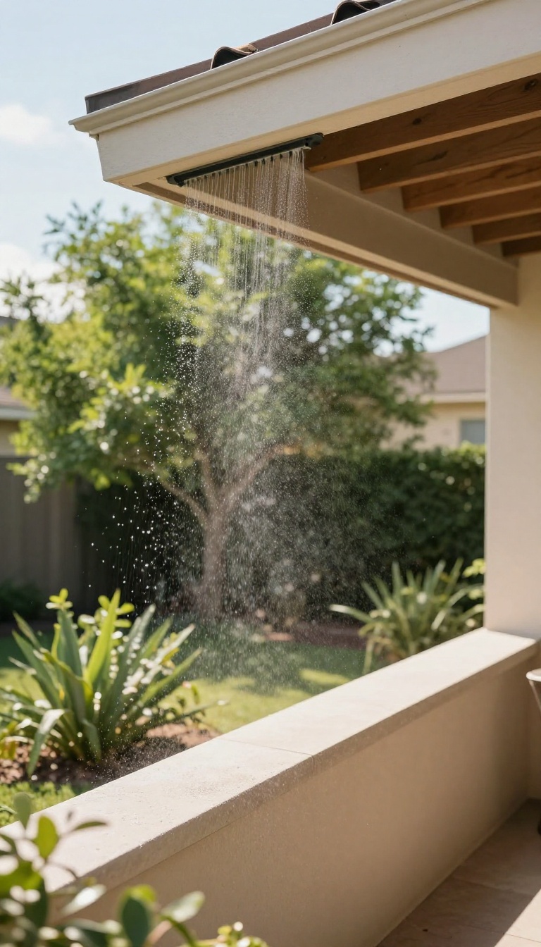 Fine misting line spraying a soft haze along a covered patio roofline in a sunny Texas backyard
