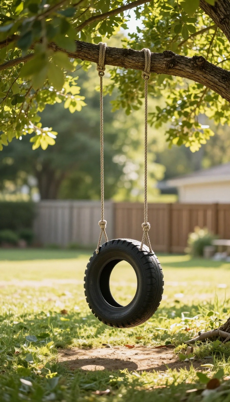 A tire swing hanging from a sturdy tree branch in a sunny backyard with green grass and dappled light
