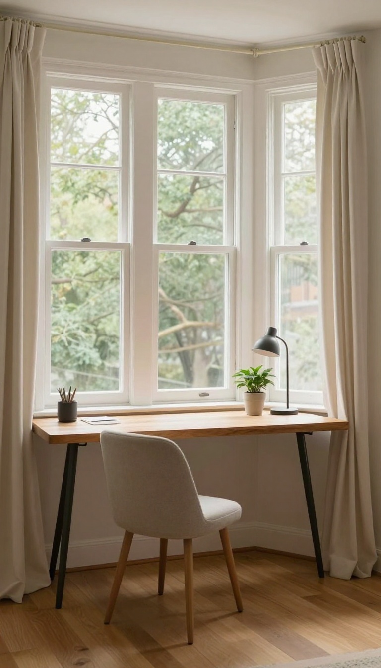 Cozy living room bay window with a custom built-in desk following the window's curve, styled as a bright mini home office with a chair, task lamp, and small plant