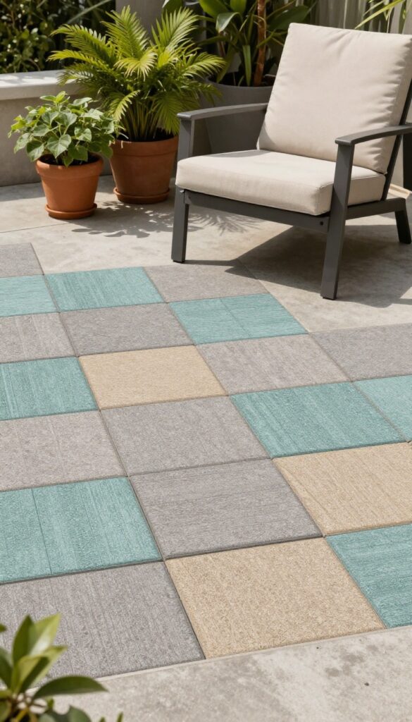 Patio floor covered with teal and gray outdoor carpet tiles in a checkerboard pattern, with potted plants and a lounge chair, under bright daylight.