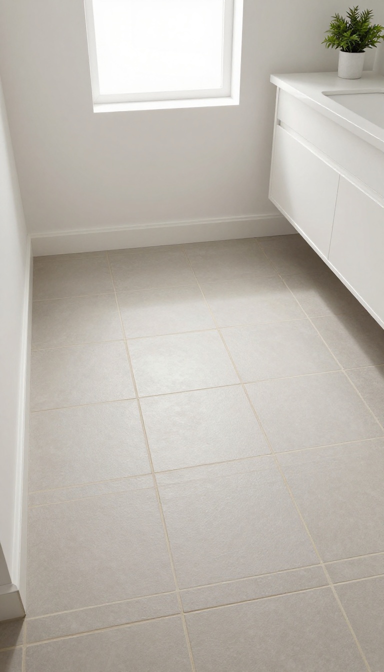 Small bathroom with light square tiles set in a diagonal diamond pattern and bright natural light