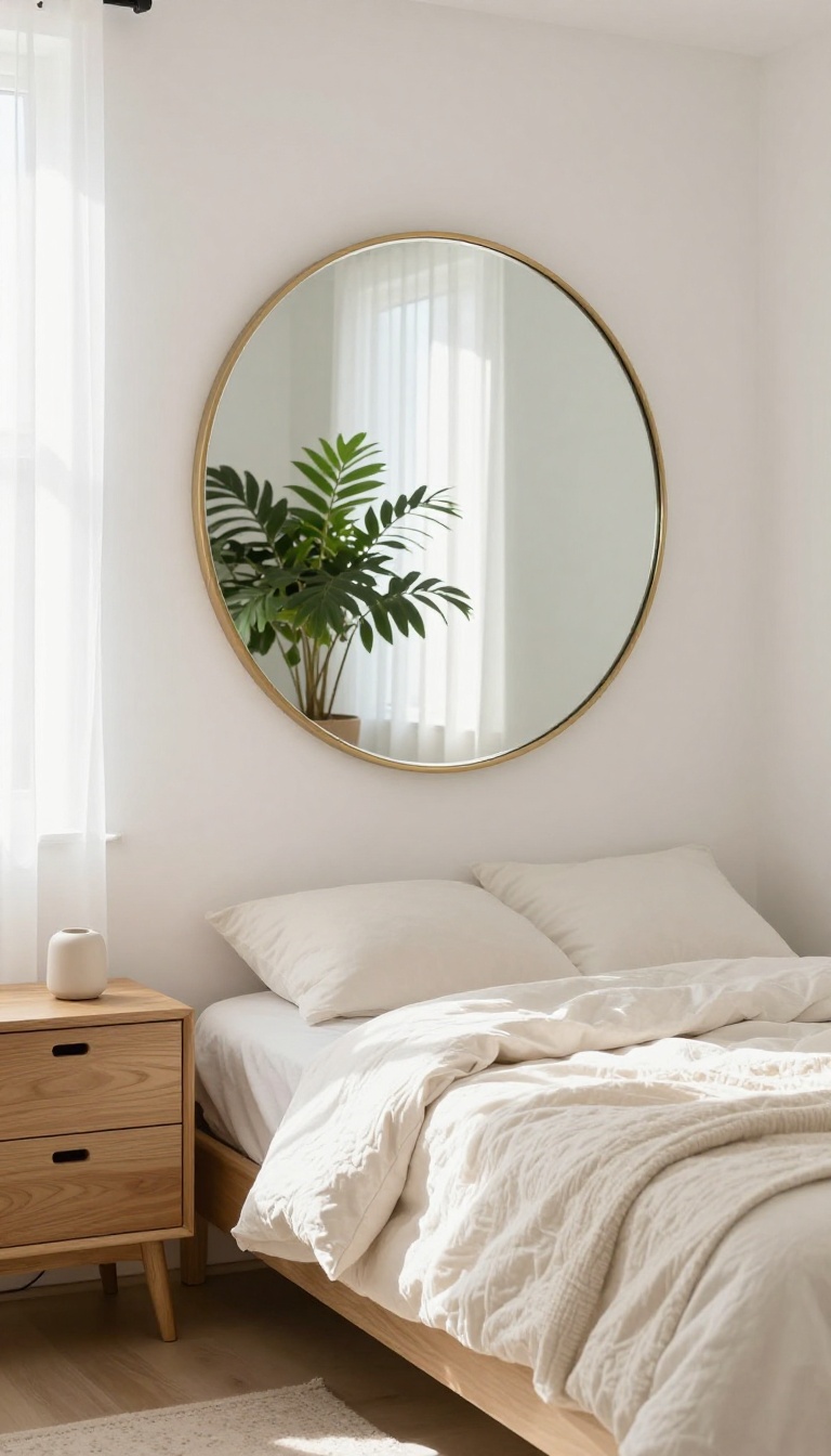 Large round mirror hung opposite a sunny window in a small cozy bedroom, bouncing natural light and reflecting a plant and neatly made bed