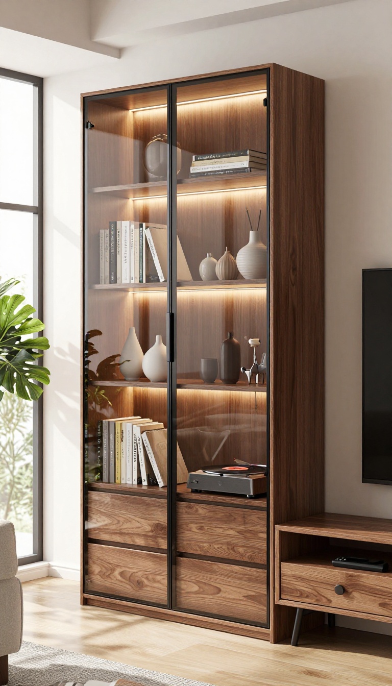 Glass-door cabinet entertainment center with illuminated display shelves and closed storage below in a bright living room.