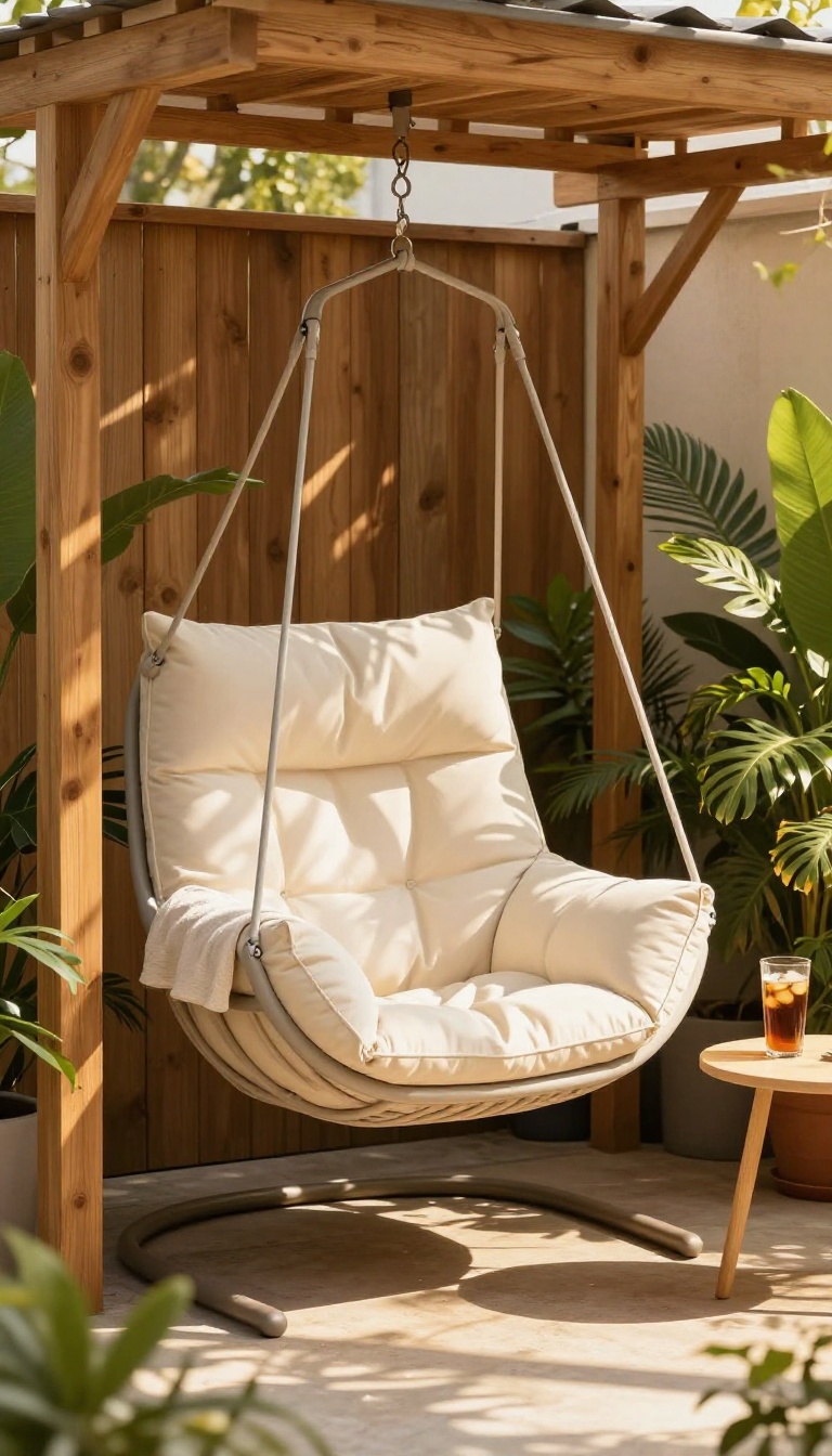 Cozy patio corner with a modern hanging chair, side table, and plants in warm afternoon light