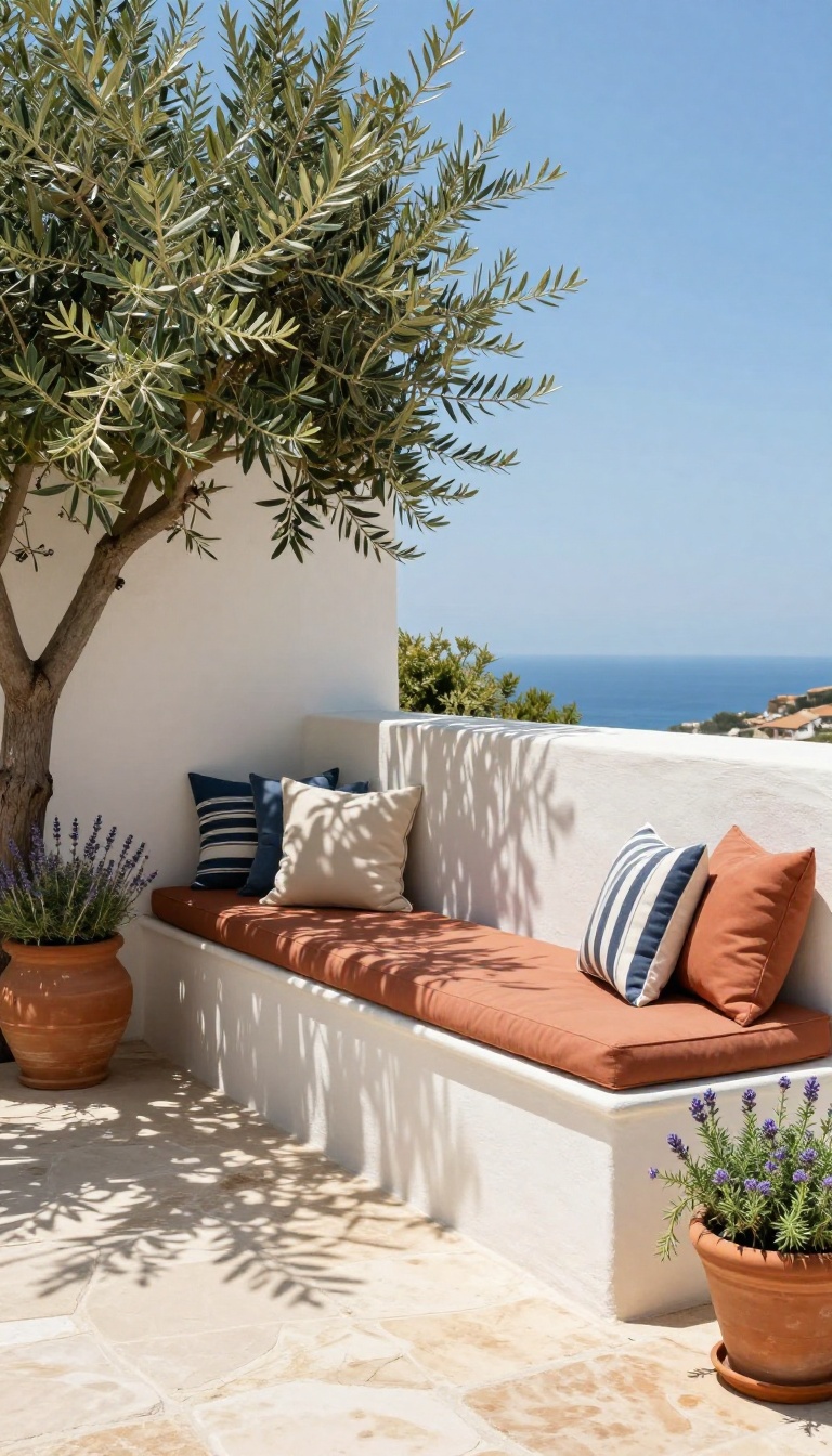 Built-in stucco and stone bench with colorful coastal cushions in a sunny Mediterranean backyard corner