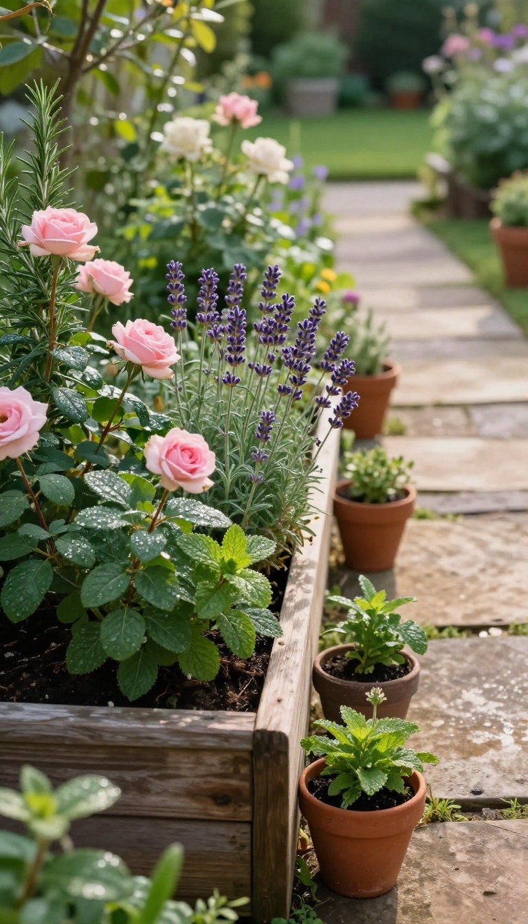 Sunlit backyard memorial garden patch with fragrant rosemary, lavender, mint, thyme, and roses in a raised bed and terracotta pots beside a stone path