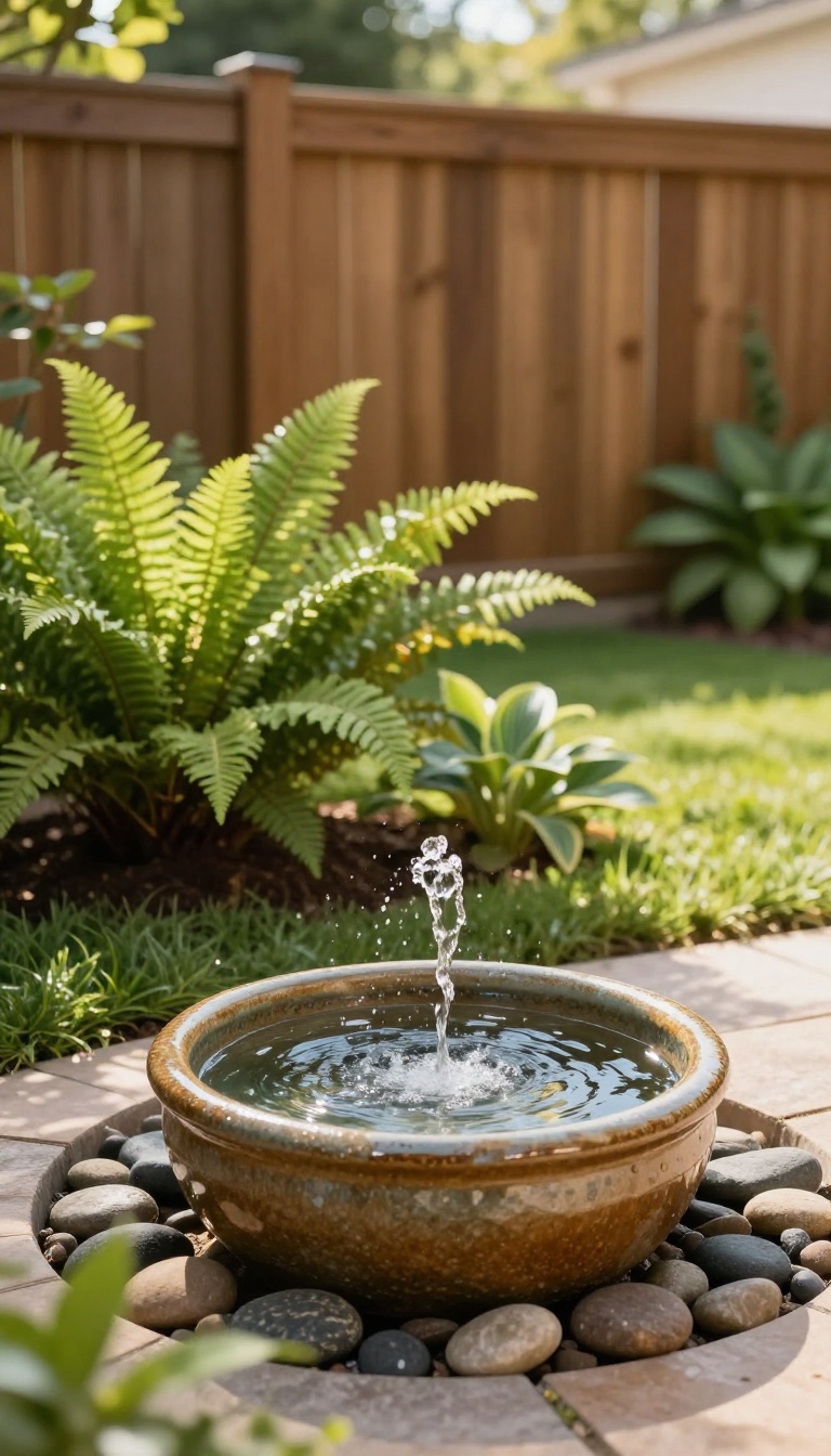 Small ceramic pot water fountain bubbling on a flagstone patio surrounded by ferns and hostas in a sunny backyard