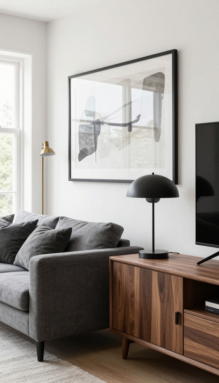 Polished masculine living room corner with slim black metal picture frame, matte black task lamp, and dark wood side table in bright natural light