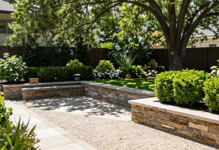 Backyard with paver patio, stone retaining wall, and gravel seating area showing low-maintenance hardscape design.