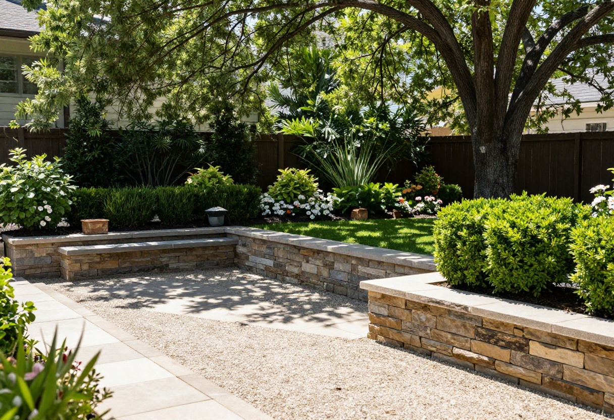 Backyard with paver patio, stone retaining wall, and gravel seating area showing low-maintenance hardscape design.