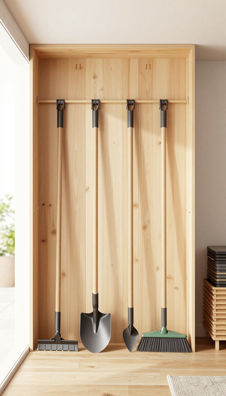 Vertical wall rack in a bright shed holding long-handled garden tools upright and separated